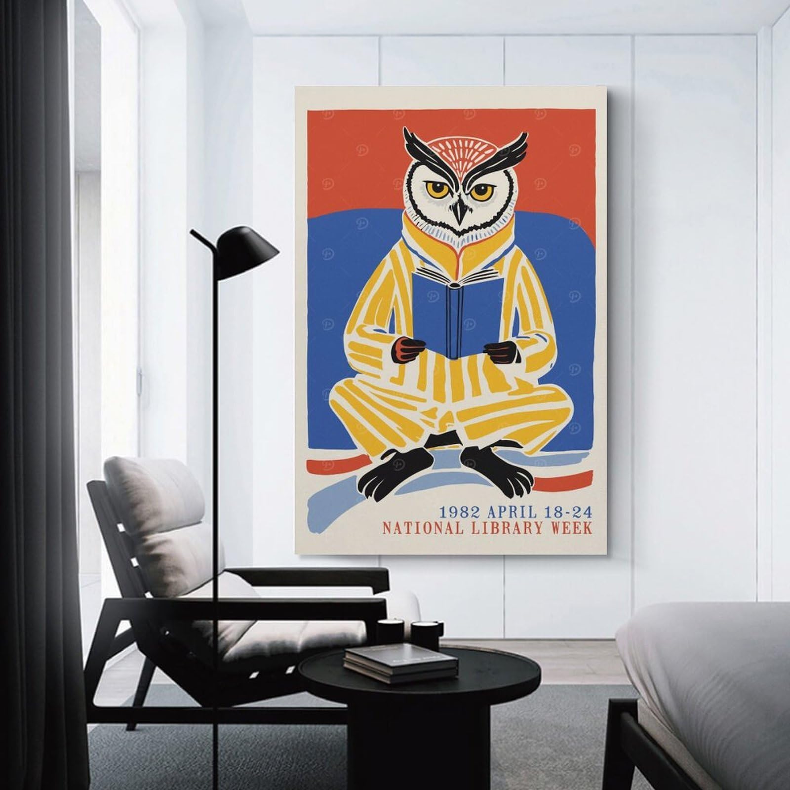 Junmoney Unframe-Style-10-2 National Library Week 1982 Owl Wall Picture Print 08X12inch(20X30cm), For Lounge Decor, Offices Or Entryway Styling, Versatile Wall Decor For Many Rooms