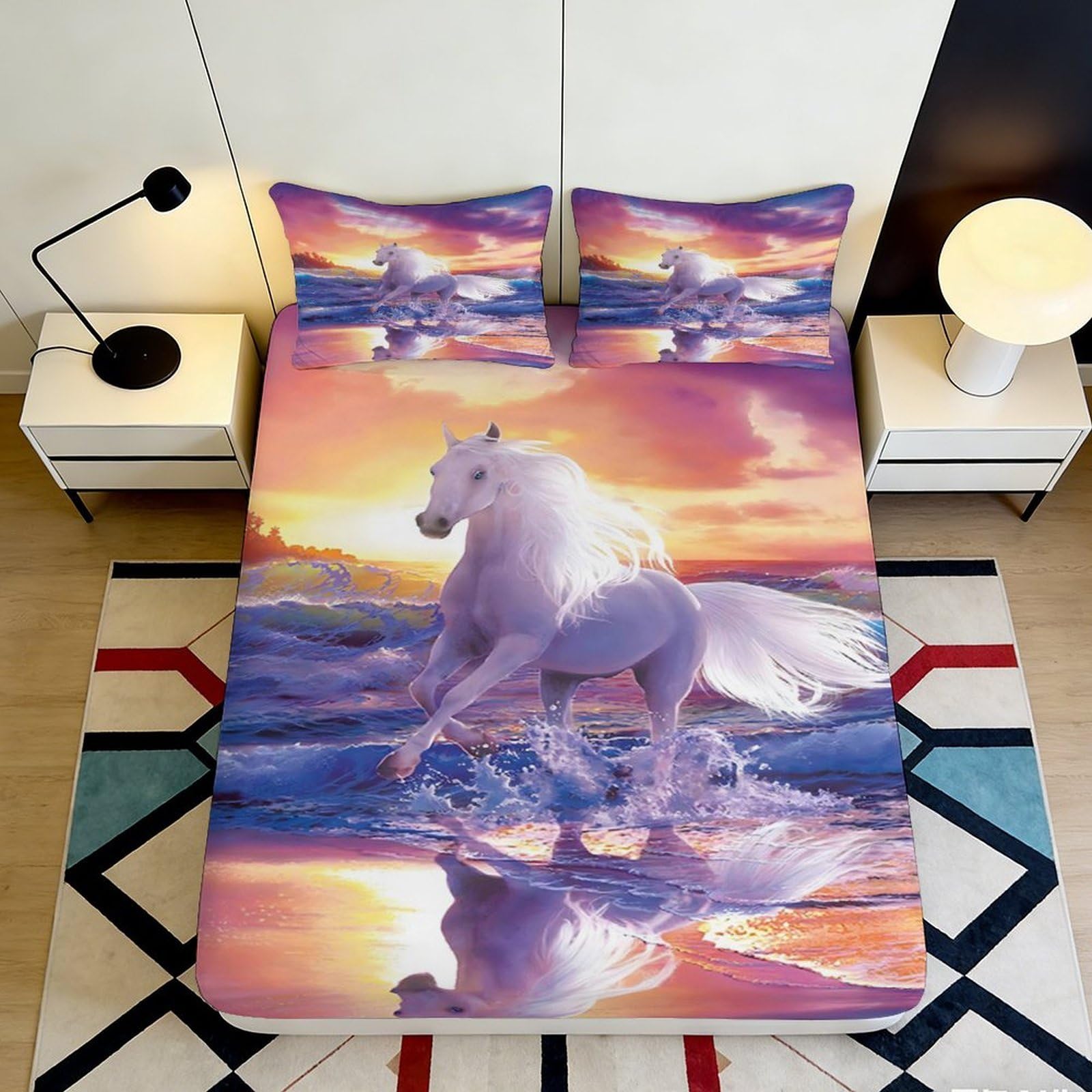 Jqzkxnhpbr Style-5 3D Printed White Horse Sunset Fitted Sheet Microfiber Soft Anti-Slip Bed Sheet For Bedroom Dorm Decor 90X200x25cm