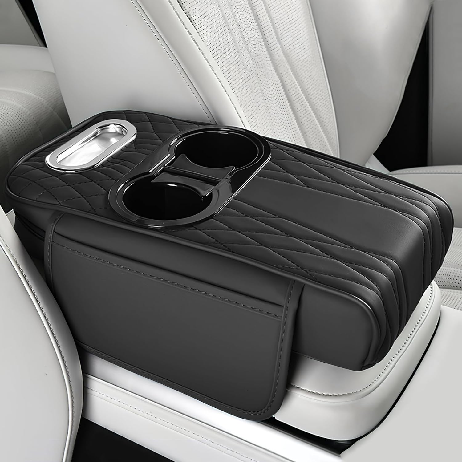 wuyaoyao Car Center Console Armrest Pillow, 13.78"×7.48"×2.56" Leather Arm Rest Cover for Cars, Memory Foam Auto Armrest Cushion Pad with Pocket, Cup Holder & Tissue Box, Car Accessories (Black)