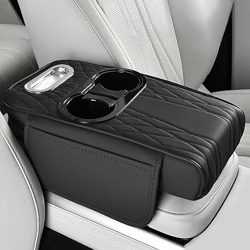 wuyaoyao Car Center Console Armrest Pillow, 13.78"7.48"2.56" Leather Arm Rest Cover for Cars, Memory Foam Auto Armrest Cushion Pad with Pocket, Cup Holder & Tissue Box, Car Accessories Black
