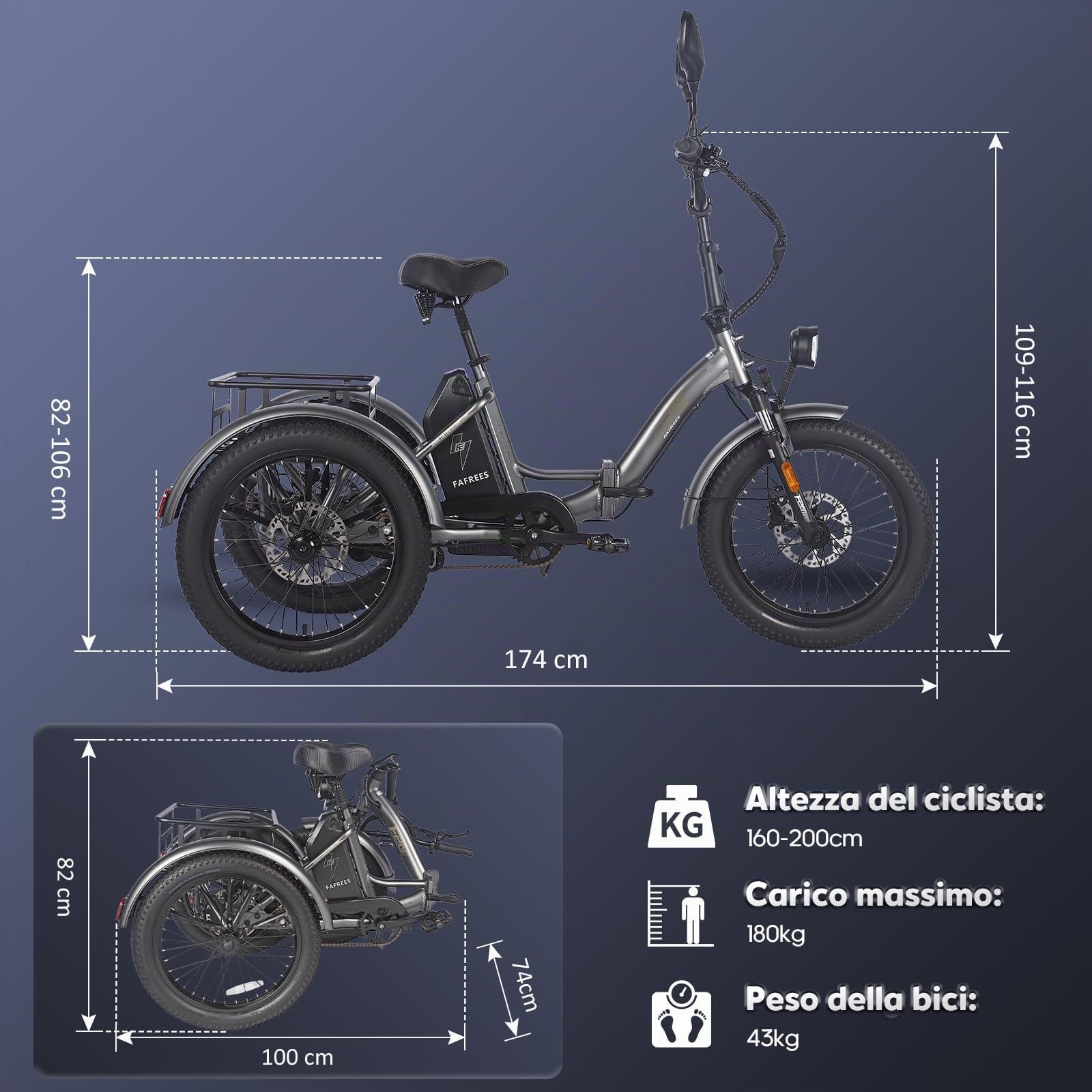 Fafrees F20 MATE - Triciclo Elettrico per Adulti Pieghevole con 75km Autonomia, Motore 65N.m e Freni Idraulici - Bici Elettrica 3 Ruote per Uomo Donna (NERO+post.allarg+cest.ant)