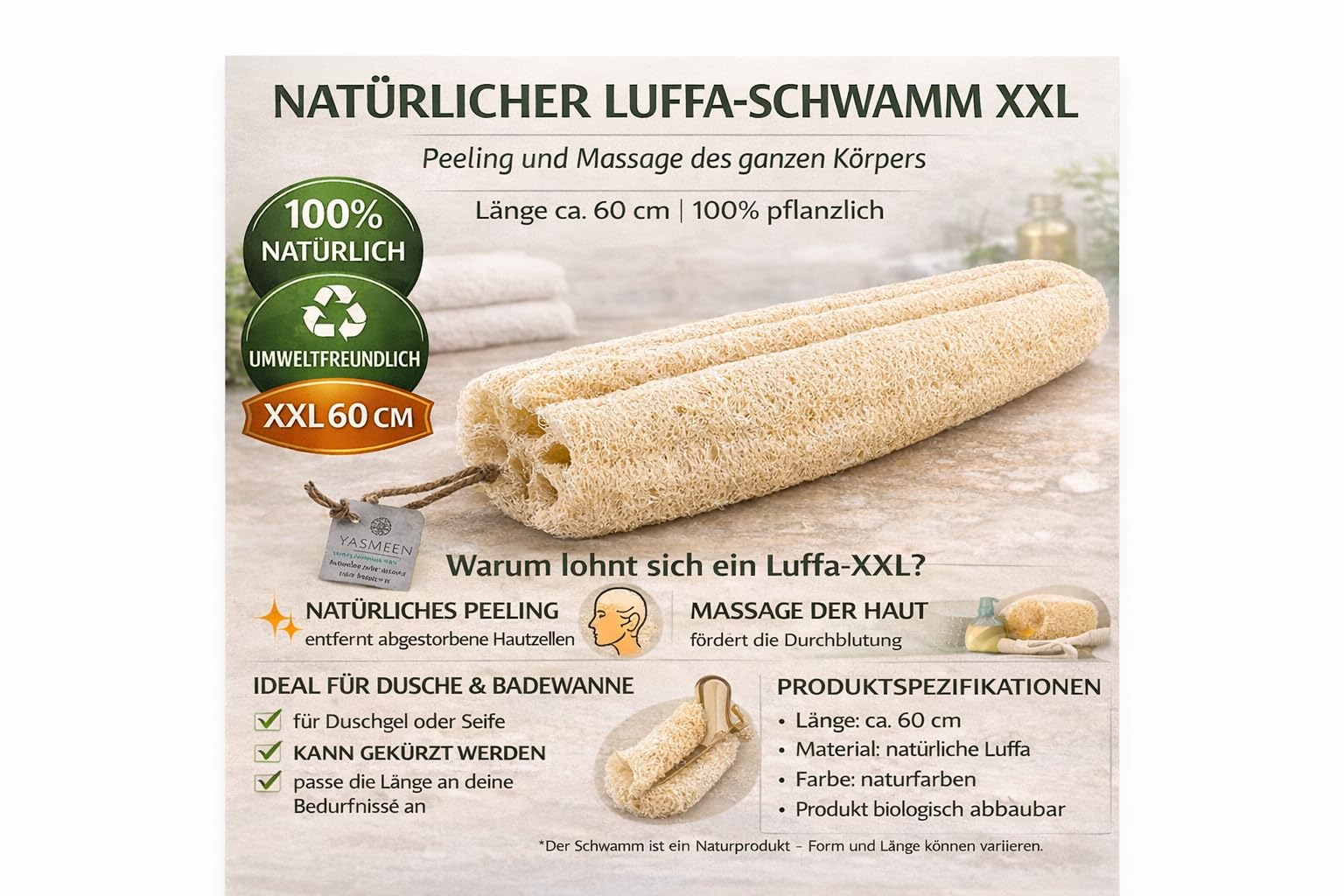 Naturalna gąbka do mycia, gąbka do kąpieli z trukwy (50-60 cm)