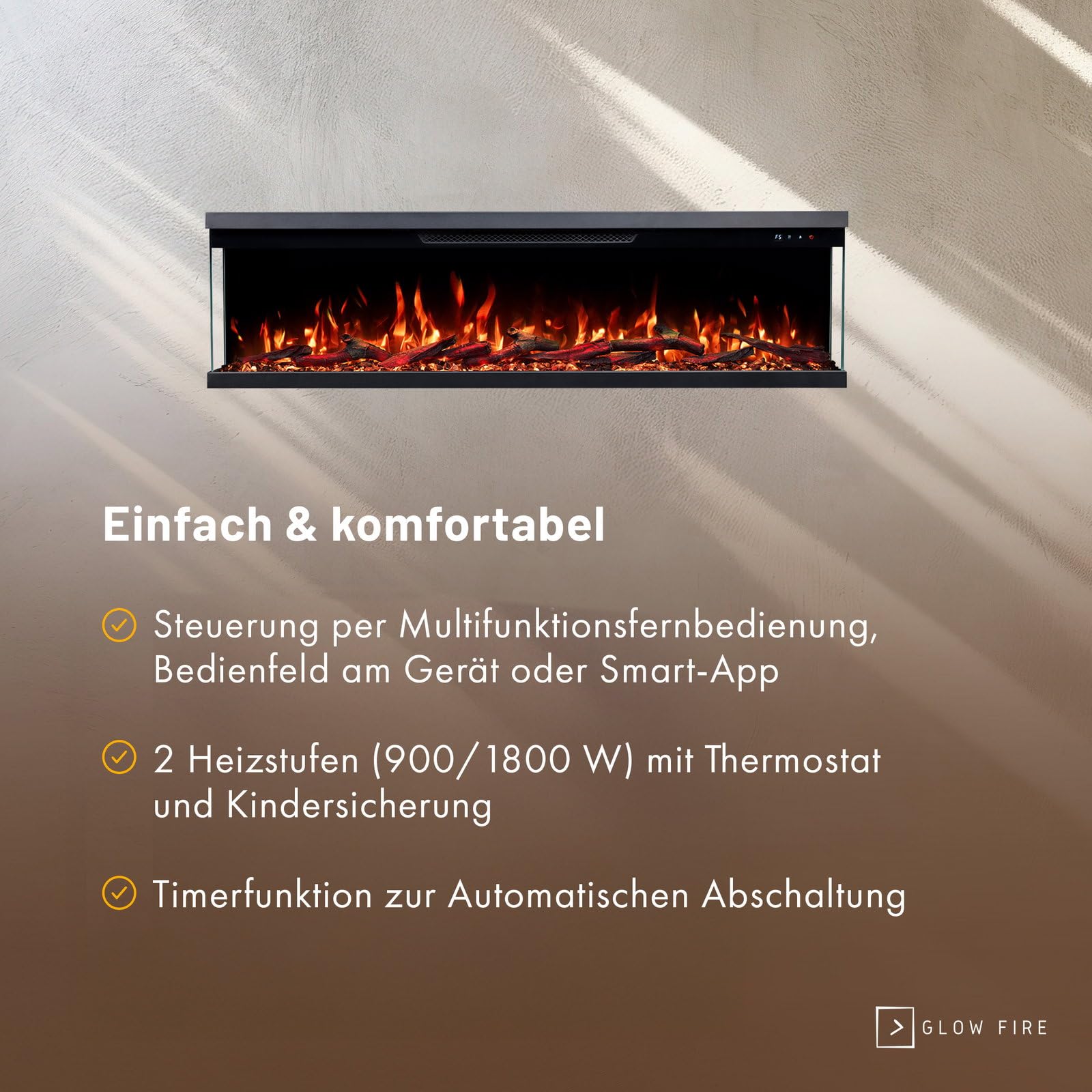 GLOW FIRE Kominek elektryczny Insert 106 z realistycznym ogniem LED 3D – ścienny kominek elektryczny z ogrzewaniem i ogniem, sterowanie za pomocą aplikacji, efekt trzaskania i timer, maks. 1800 W, 127