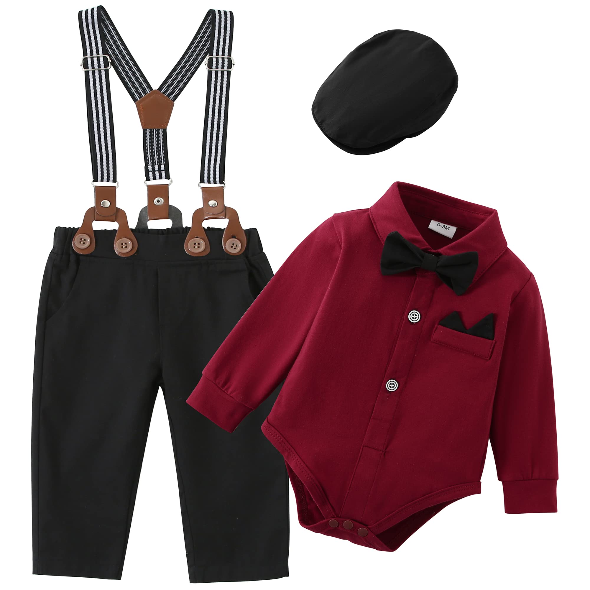 ZOEREA Baby Boy Suit 0-24M Gentleman Outfit Clothes Set Infant Long Sleeve Dress Shirt+Suspender Pants+Bowtie+Beret Hat