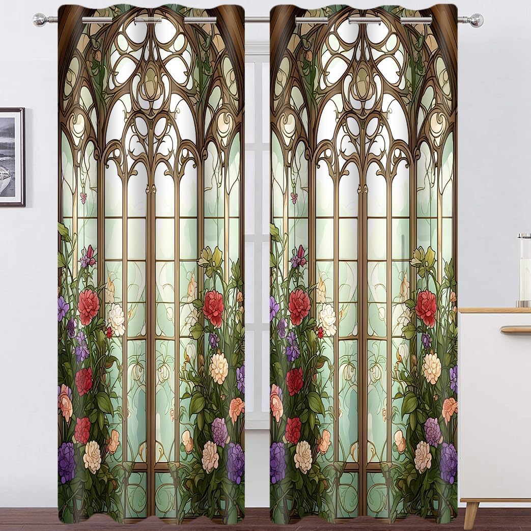 Floral Retro Blackout Curtains 84 inches Long 2 Panels Stained Glass Vintage Colorful Floral Flower Print Curtain Garden Nature Botanical Green Plant Window Drape for Living Room Bedroom 52x84in
