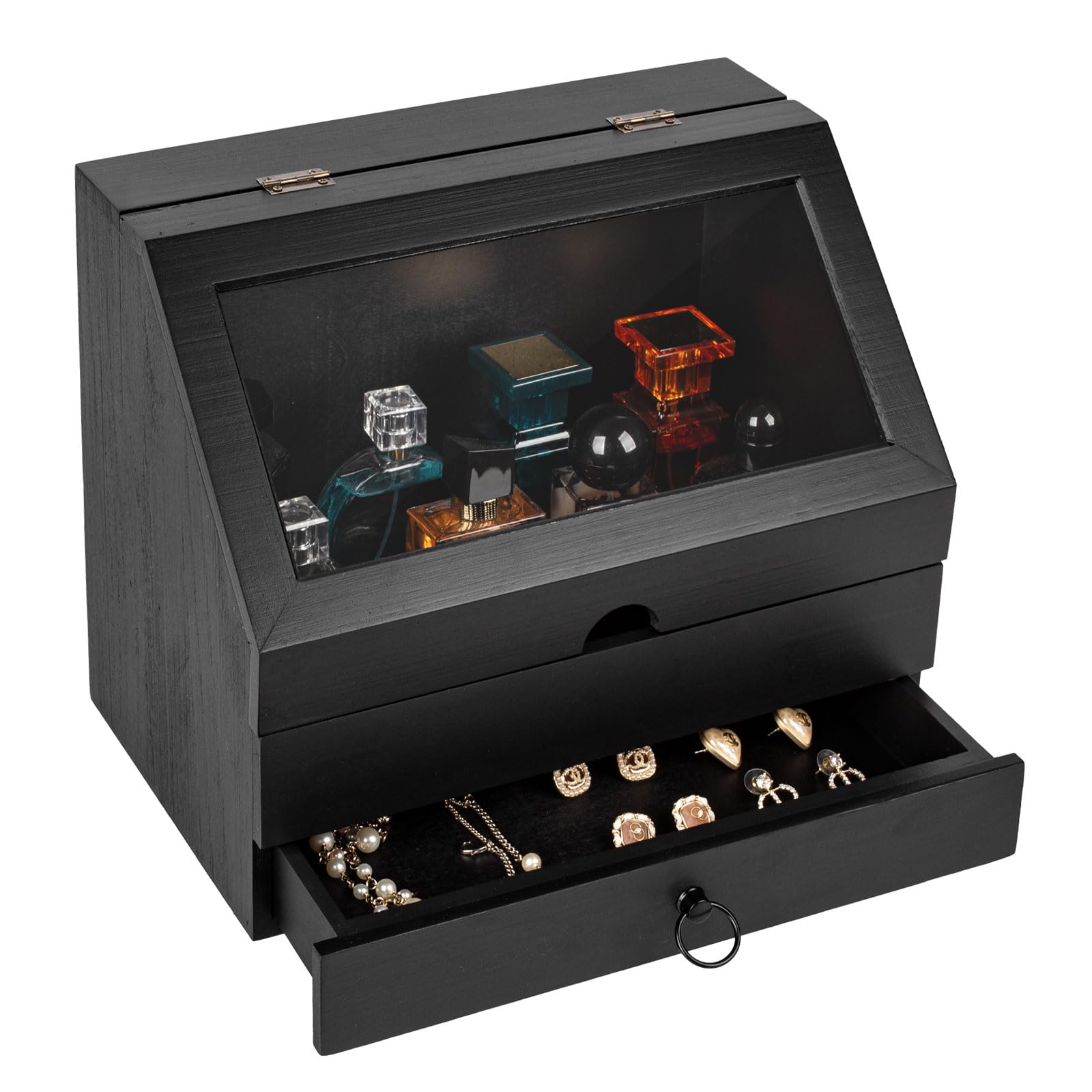 Organizador de Perfumes de Madera con Cajón | Organizador de Perfumes con Tapa Abatible Acrílico Transparente,Almacena Perfumes Joyas Cosméticos para Hombres Mujeres