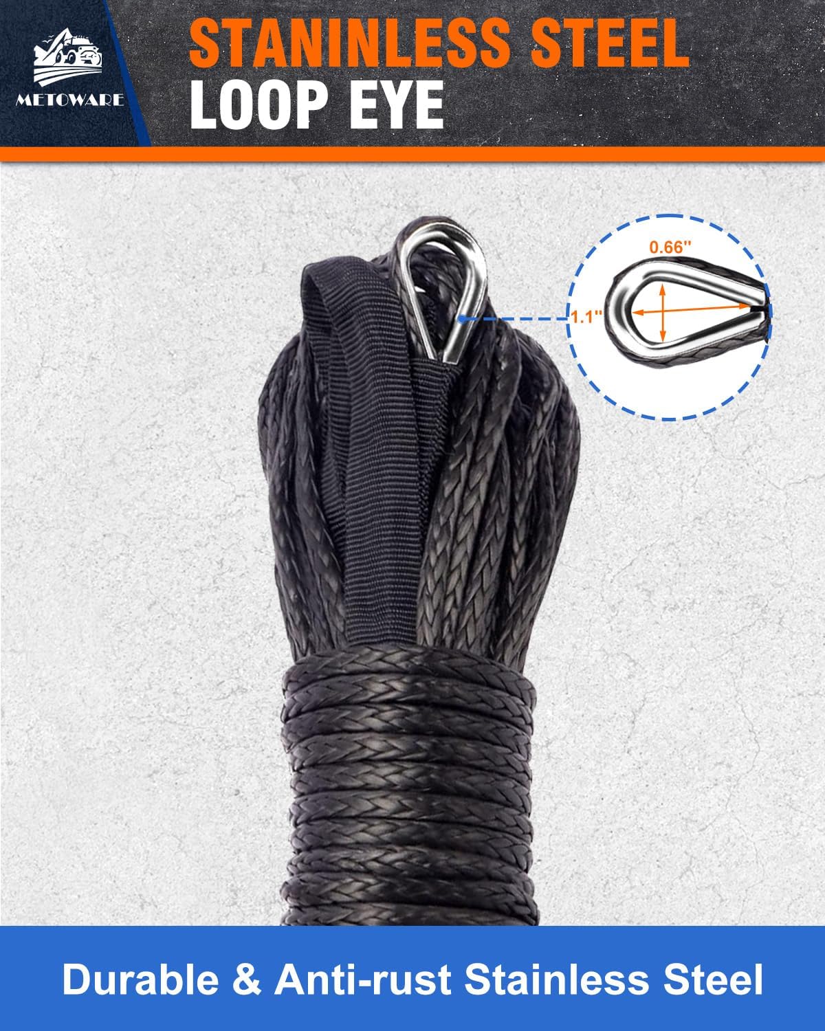 METOWARE Synthetic Winch Rope, 3/16" x 50ft 8350 LBS Winch Cable Line with Protective Sleeve Fits 4WD Off Road Vehicle UTV ATV SUV Truck (Black)