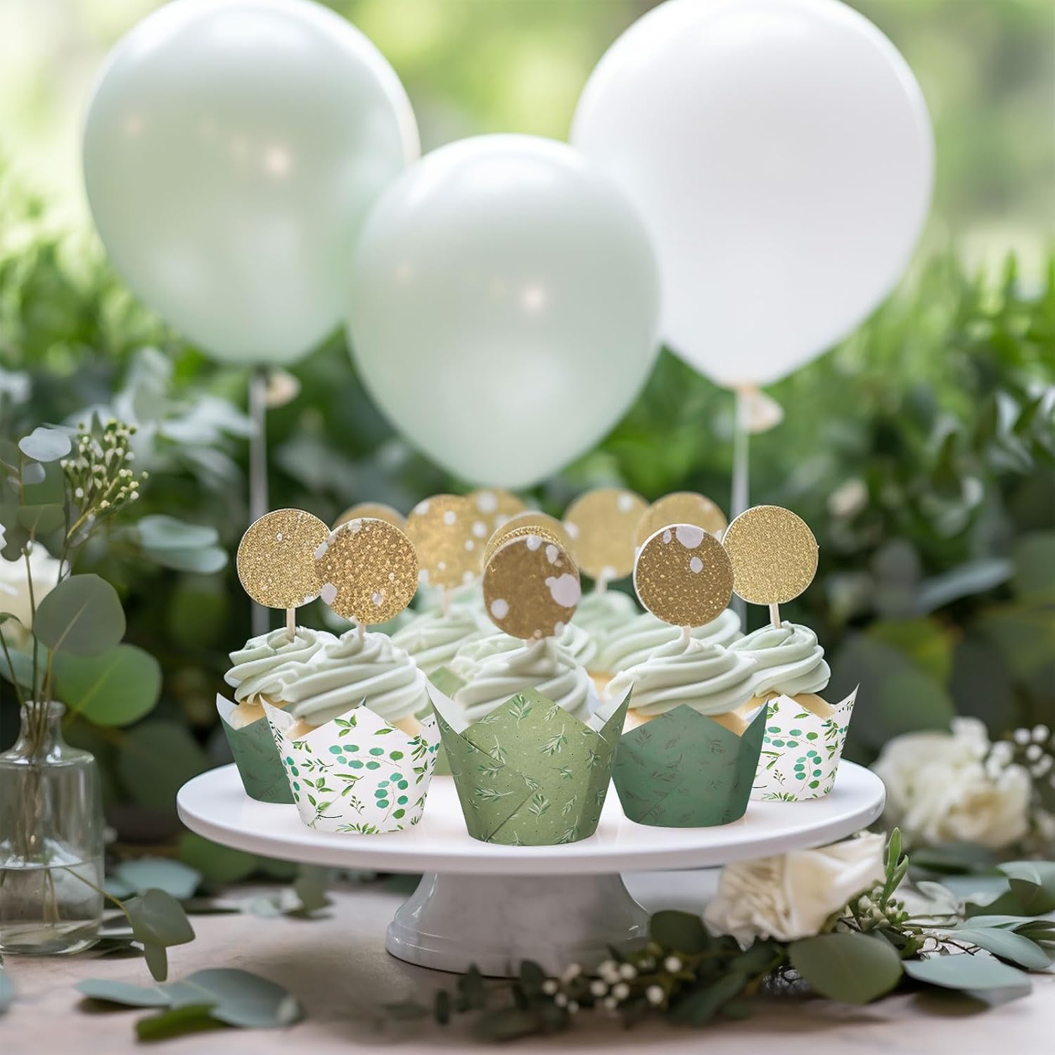 Whaline 180Pcs Greenery Tulip Cupcake Liners Eucalyptus Olive Leaf Muffin Baking Liners Tulip Cupcake Wrappers Baking Cup for Bridal Baby Shower Wedding Birthday Party Decor