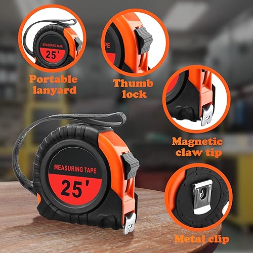 Miniatura 3 de Xuhal 12 cintas métricas retráctiles a granel de 25 pies, medición fácil de leer con botones de pausa para adultos, ingeniero decorador, pulgadas