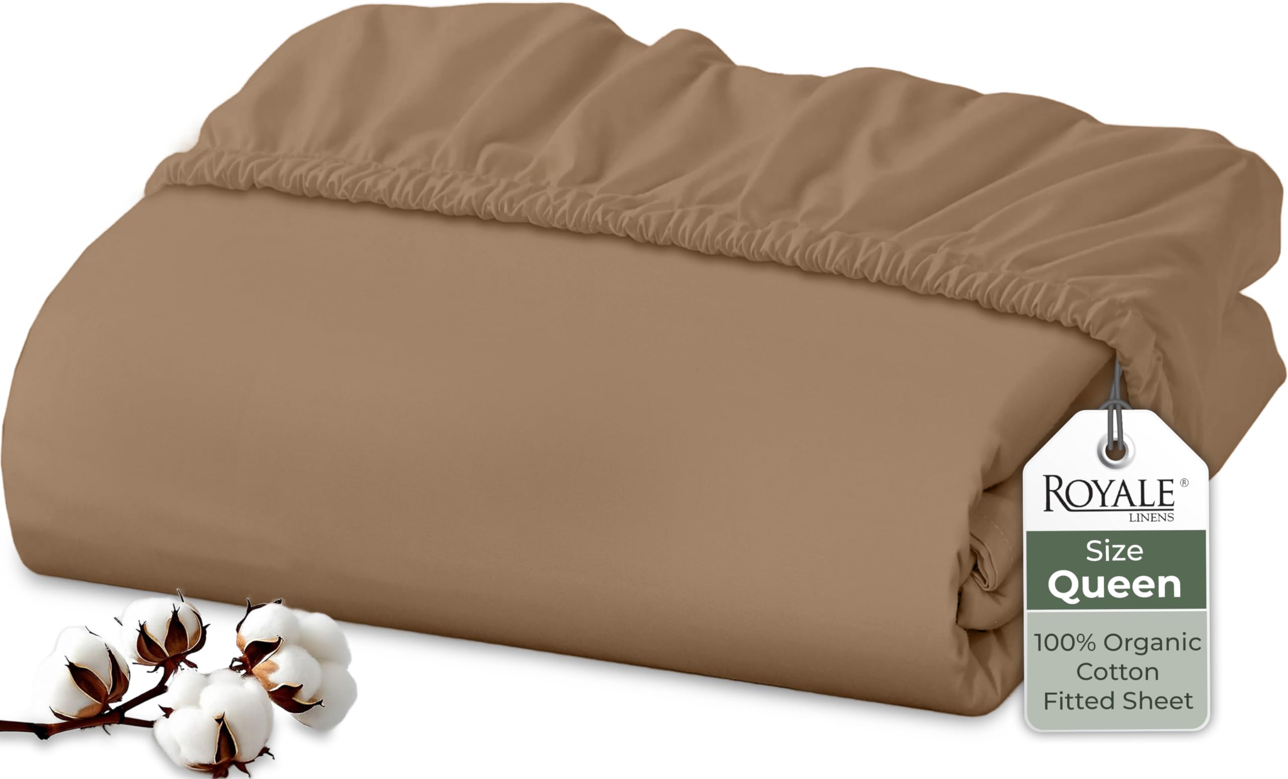 Royale Linens 100% Organic Cotton Fitted Sheet - Percale Weave - Super Soft Deep Pocket Bottom Sheets - Elastic Sheet Queen Size - Queen Fitted Sheets Only - (60"x80"+15", Chocolate)