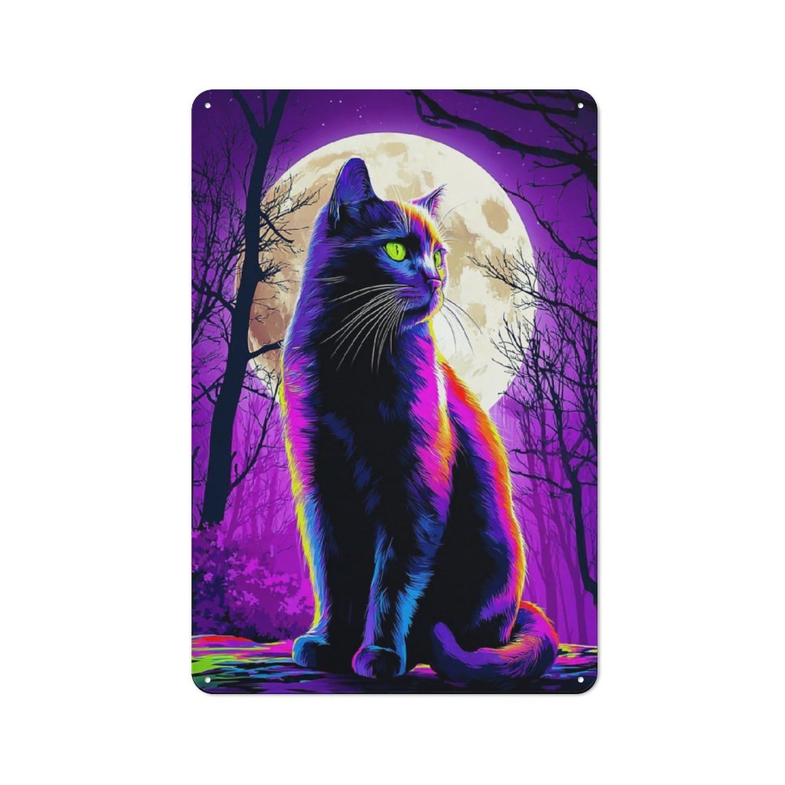 Junmoney Neon Moonlit Cat Metal Sign 30X20cm, Vintage Bar Wall Plaque For Diner, Restaurant, Shed Or Kitchen