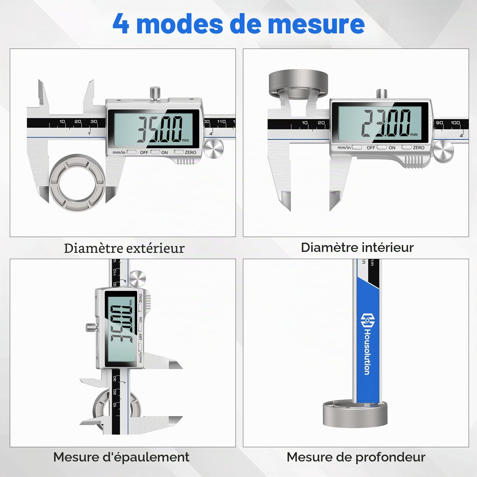 Housolution Pied à Coulisse Numérique, Outil de Mesure 8" avec Grand LCD | Commutation Pouces/MM, 4 Modes de Mesure, Micromètre en Acier Inoxidable avec Écran Éclaboussures pour Menuisiers