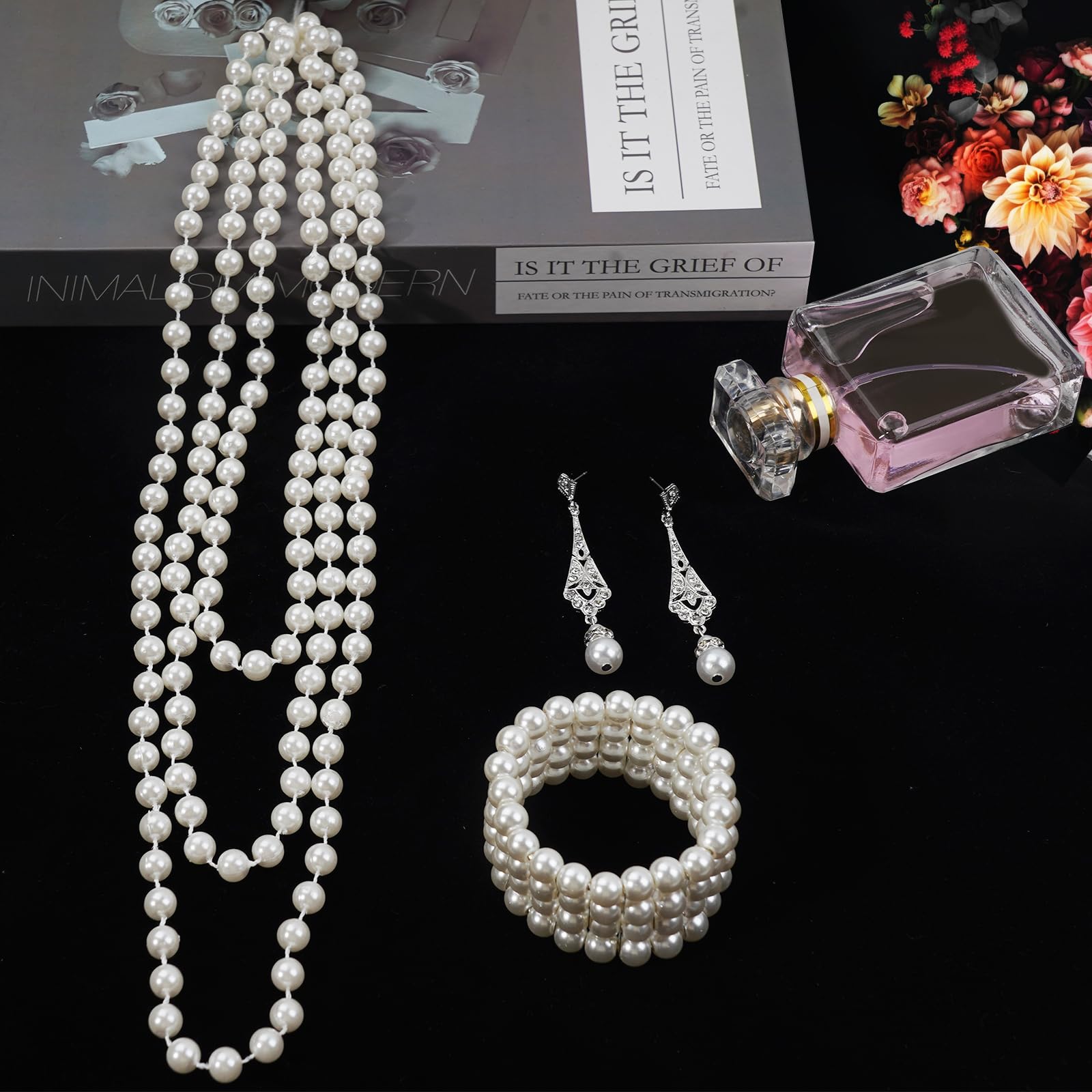 1920s Pearl Jewelry Set - Long Pearl Necklace, Earring Set, Multilayer Bracelet - Flapper Accessories for Women