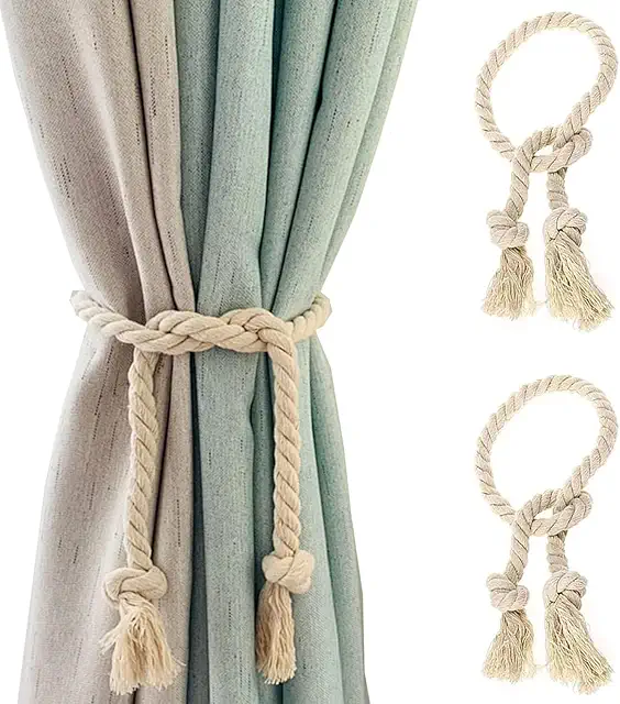 Hand-Woven Cotton Curtain Straps - 2-Piece Beige Curtain Rope with Buckle, 80cm