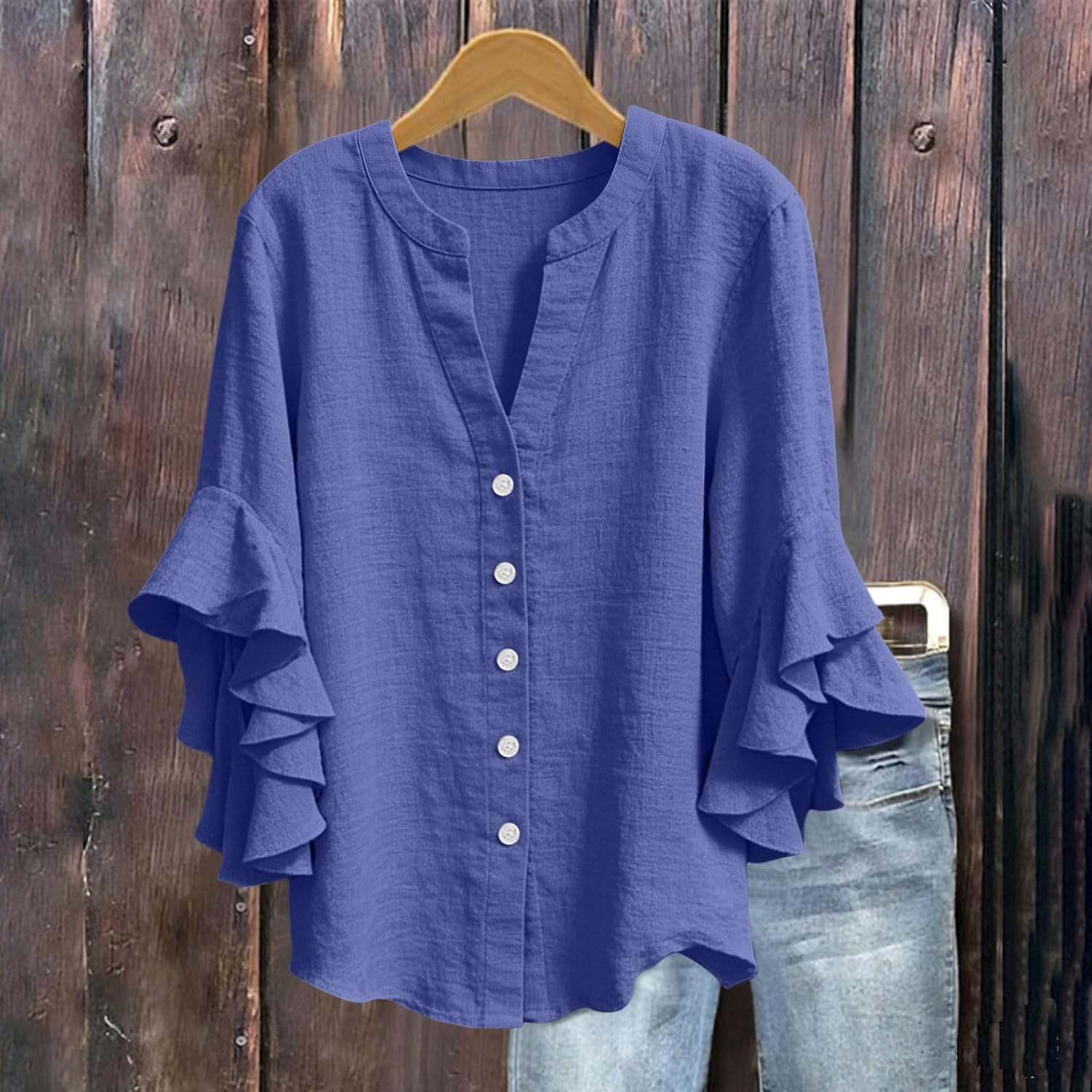 Womens Button Down Shirts Cotton Linen Casual Summer | Womens Button Down Shirts Cotton Linen Casual Summer 3/4 Sleeve Blouses V Neck Tops Fall Clothes Outfits