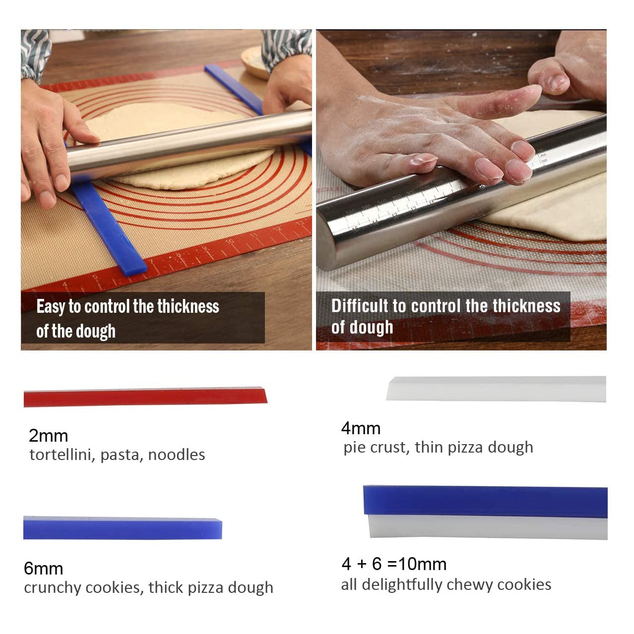 GWHOLE 6 Pcs Règles à Pâtisserie Silicone - Bandes Épaisseurs 2mm 4mm 6mm Pour Rouler La Pâte Parfaitement