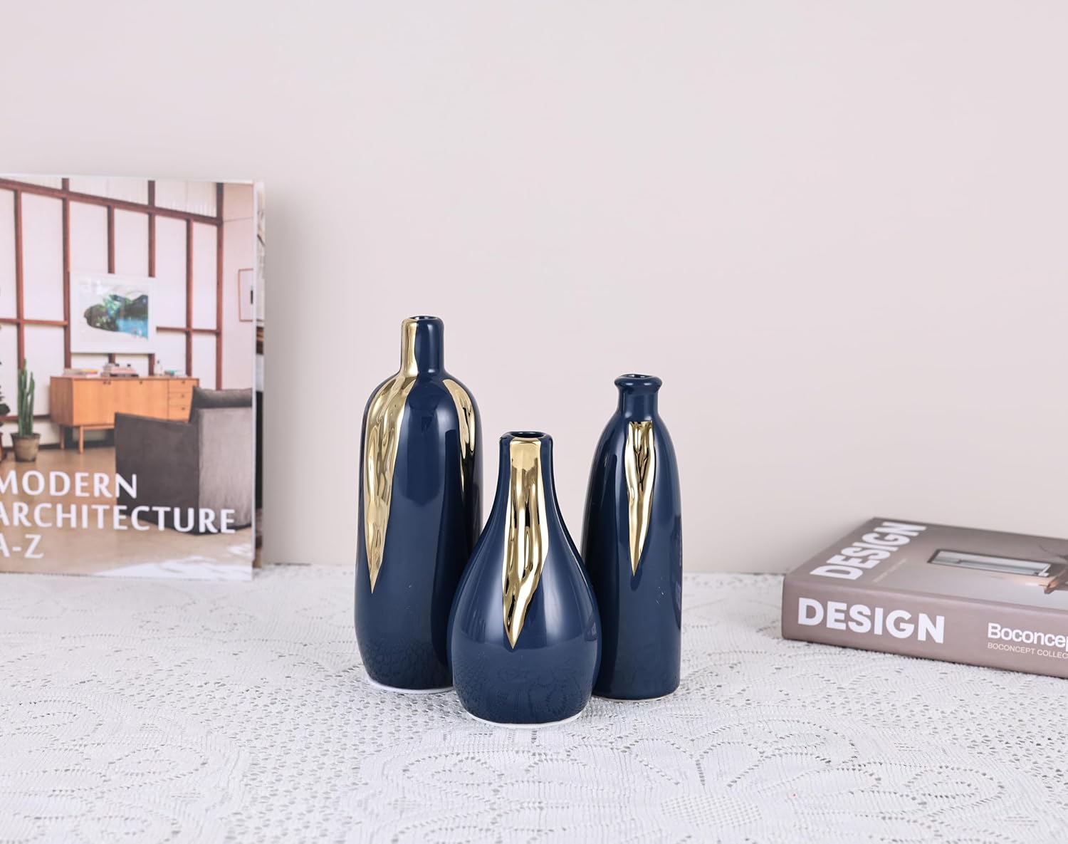 Ceramic Decorative Vases Set of 3, Blue and Gold Vases for Home Decor, centerpieces on Modern Farmhouse Living Room Table Shelves, Office Bookshelf Decorations