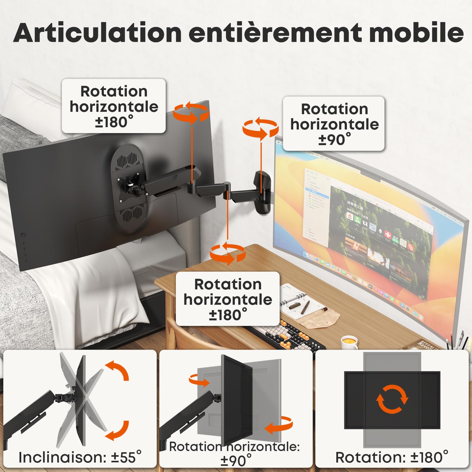 Support Écran Mural Extra Long pour Moniteur 17-45 Pouces