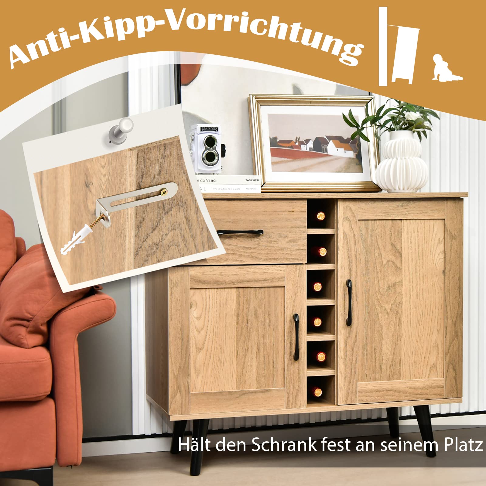 COSTWAY Kredens, szafka kuchenna z drzwiami i szufladami, komoda kuchenna w stylu wiejskim z regałem na wino na 6 butelek, szafka bufetowa, szafka na wino do kuchni, salonu, 90 x 40 x 79 cm