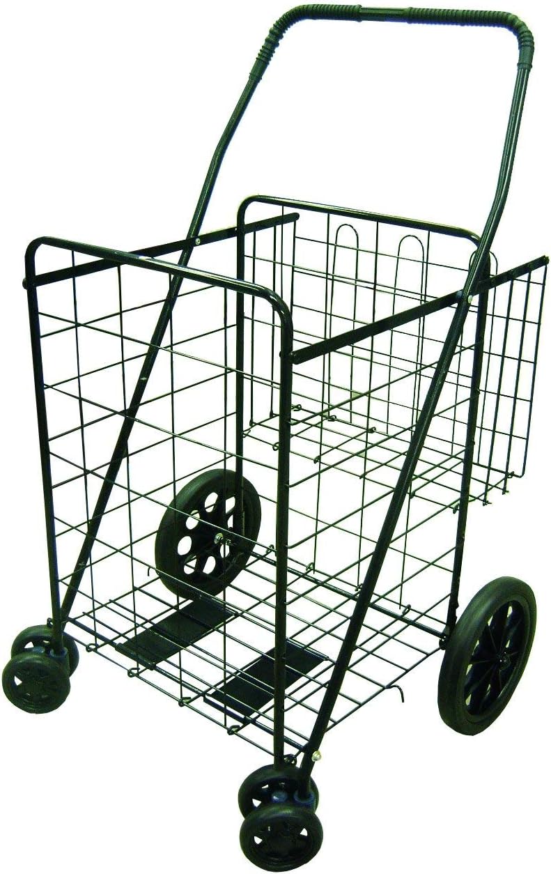 Jumbo Folding Cart with Bonus Double Basket for Shopping, Laundry Or Farmers Market | Front Swivel Spinning Wheels | Size: Jumbo | Color: Black
