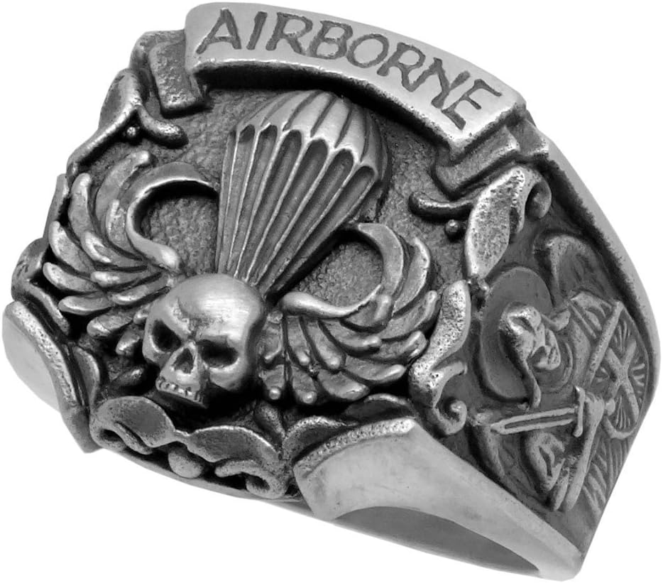 Airborne St Michael US Army Parachutist Jump Wing Skull Biker Sterling Silver 925 Mens Ring