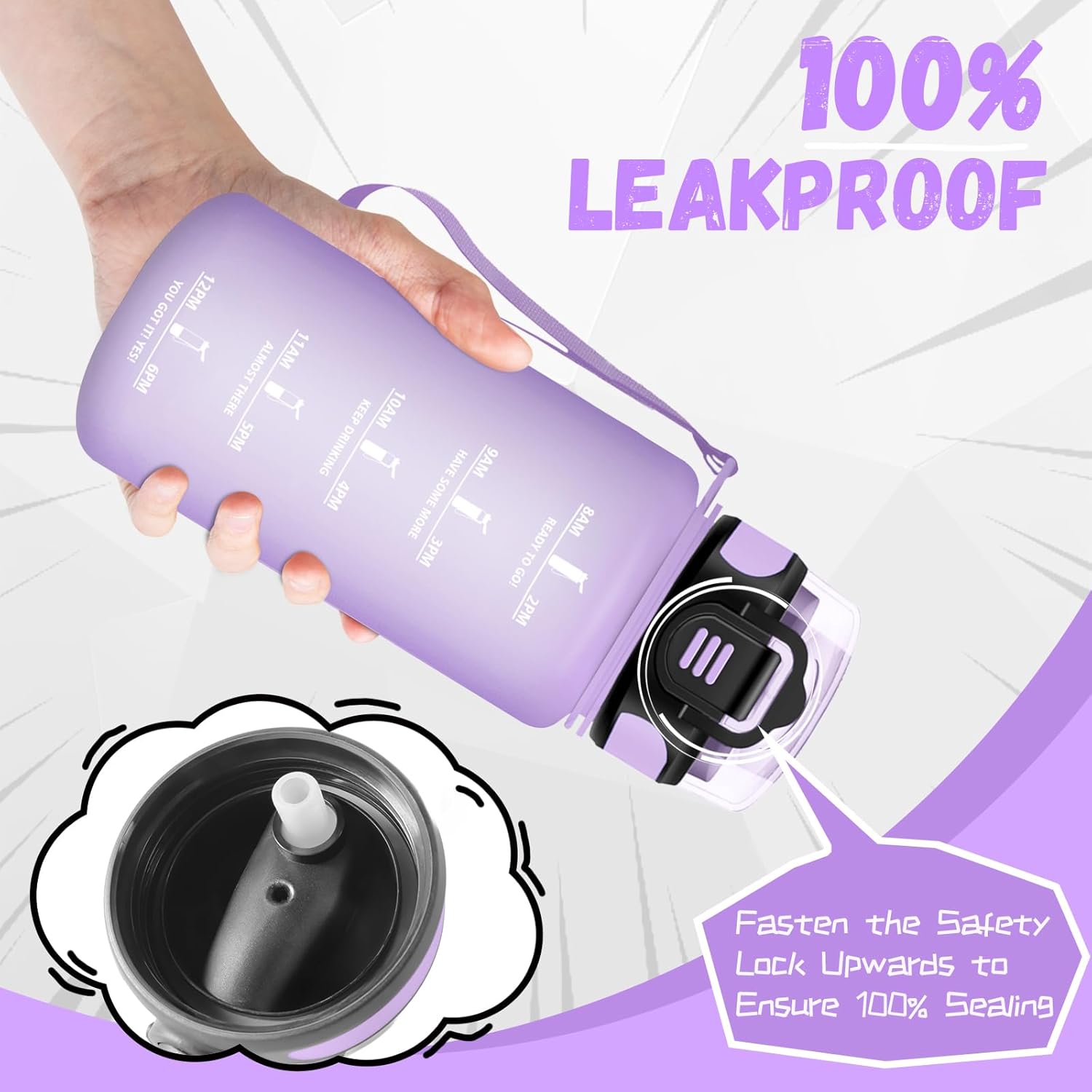 Children's Water Bottle, 500 ml, Water Bottle with Straw, Easy to Clean, Leak-Proof, Water Bottle with Time, Water Bottle for School, Travel, Camping, Running, Purple