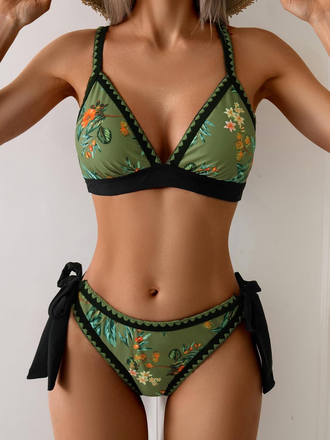 Bikini Sets for Women Floral Two Piece Bathing Suit V Neck Shell Stitched Swimsuit Tie Side Triangle Swimwear