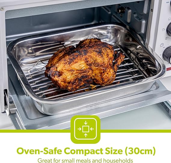 ROYALFORD Roasting Tin with Rack, 30 Cm | Stainless Steel Roasting Pan with Grill for Baking Grilling | Rust-Free Baking Pan for Perfect Roasting | Silver