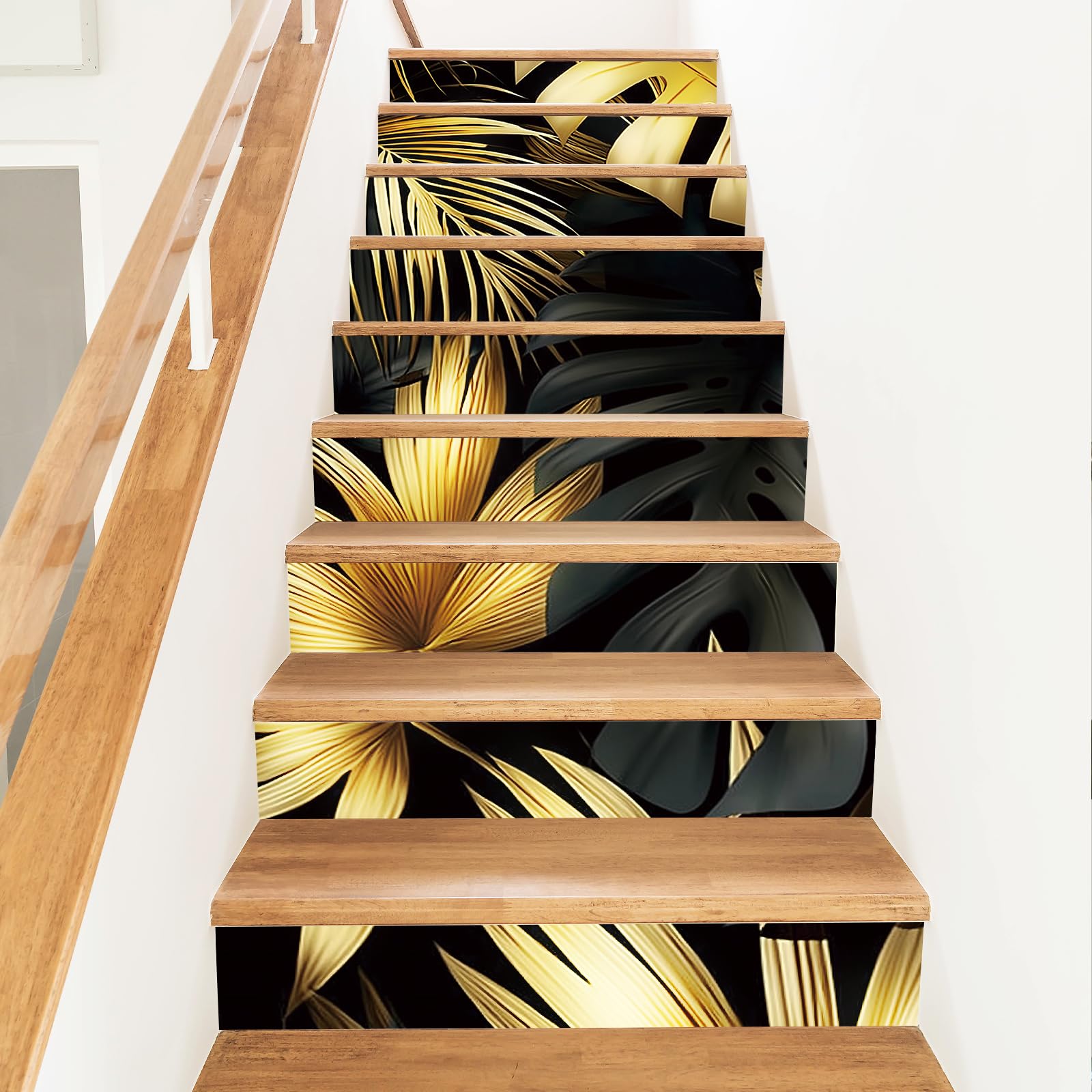PLIGREAT 15 Strips Dark Golden Leaves Stair Riser Decals, Peel and Stick Stair Stickers for Steps 7.1"x39"/18x100cm Self-Adhesive Vinyl Modern Style Staircase Murals Decor for Home Hotel