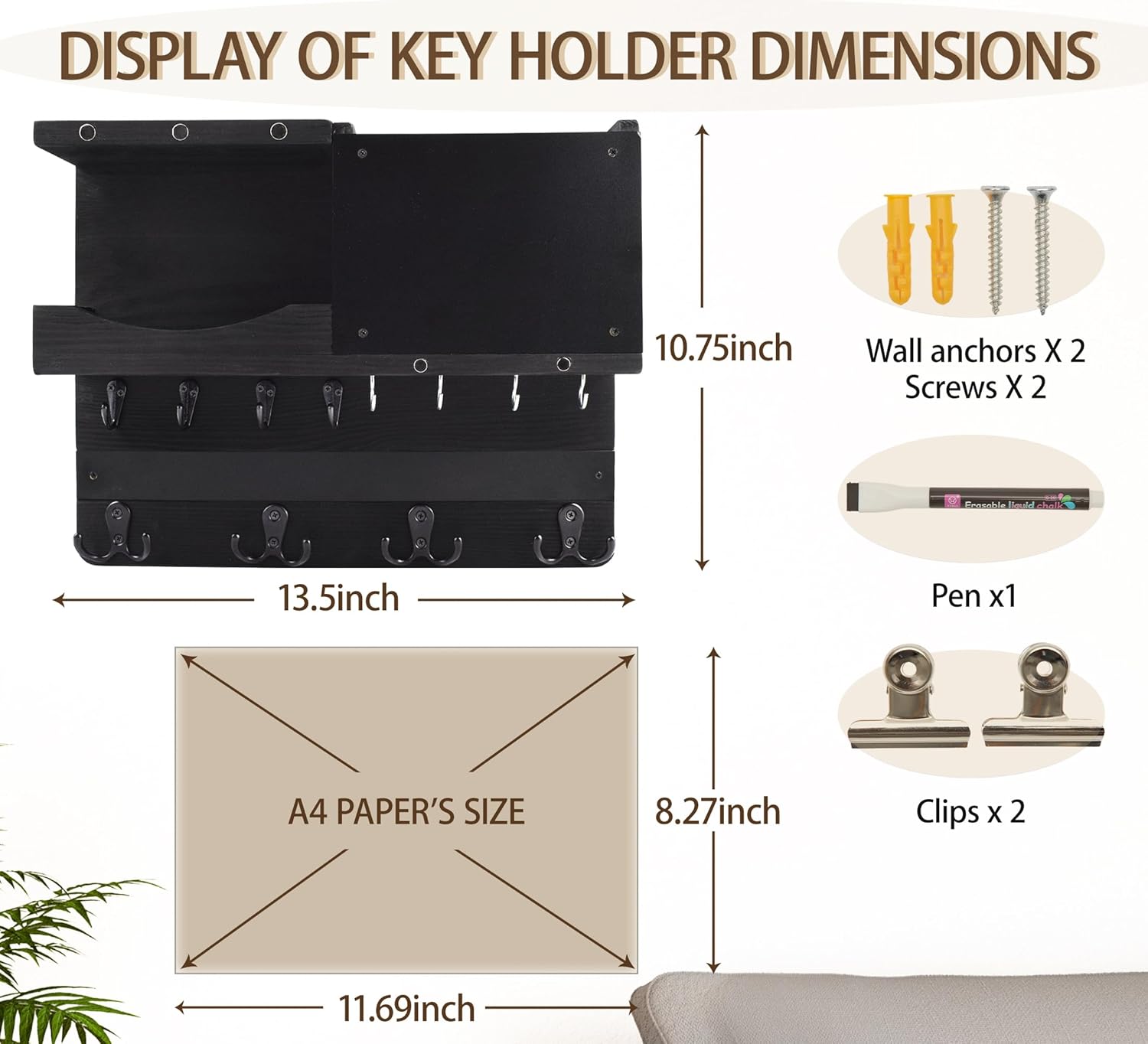 Key Holder for Wall Mount with Shelf and Mail Organizer, Key and Mail Holder with 16 Hooks, Farmhouse Entryway Organizer, Home Decor Rack (Pine Wood, Black)