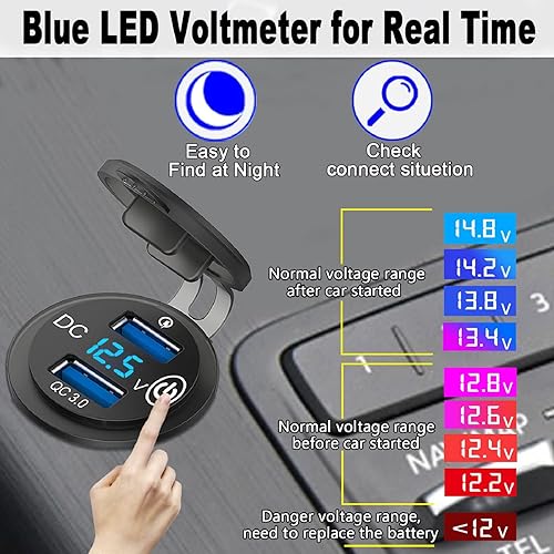 Miniatura 4 de Toma de carga rápida 3.0 de 12 V, enchufe de cargador de coche dual USB de 36 W con interruptor de alimentación LED, voltímetro LED, adaptador de