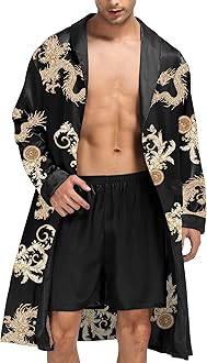 Men's Satin Robe with Shorts Set Silky Kimono Bathrobe Lightweight Soft Sleepwear