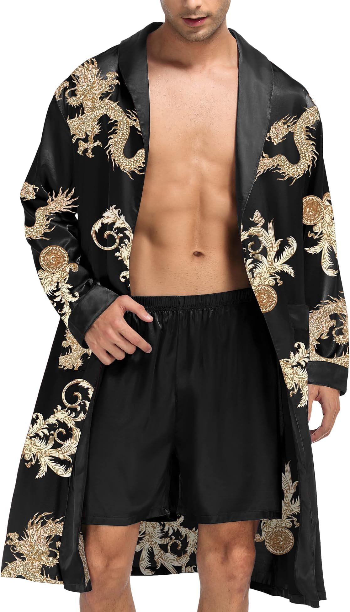 Men's Satin Robe with Shorts Set Silky Kimono Bathrobe Lightweight Soft Sleepwear