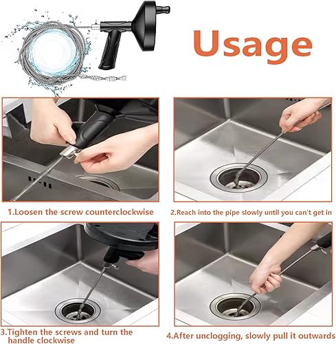 Miniatura 4 de Barrena de drenaje, herramienta para eliminar obstrucciones de drenaje de serpiente de 23 pies para alcantarillas, cocinas y baños, viene con