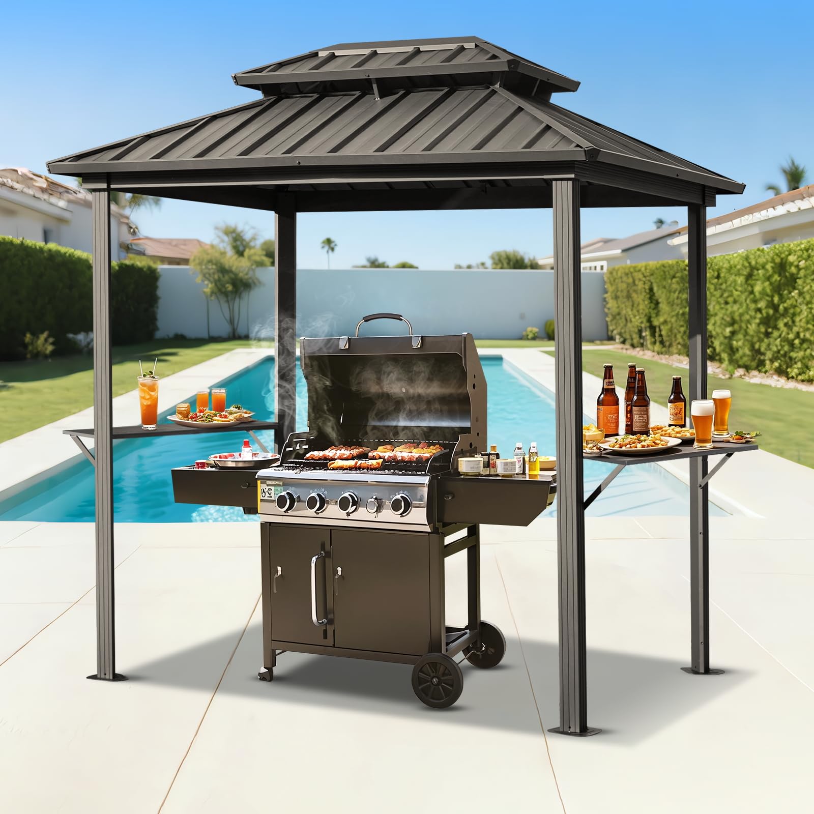 MELLCOM 6' x 8' Grill Gazebo, Outdoor Patio Gazebo with Galvanized Steel Double Roof, Hardtop Barbecue Canopy with 2 Side Shelves and Ceiling Hook for Deck Lawn Backyard Garden (Black)