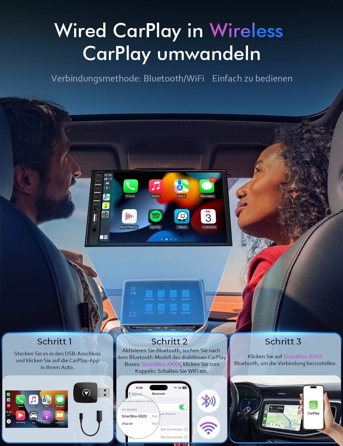 Carplay Wireless Adapter, Car Connect Pro Kabelloser, Plug and Play, Car Play Adapter Auto mit Bluetooth 5.4, Stabile Verbindung ohne Verzögerung