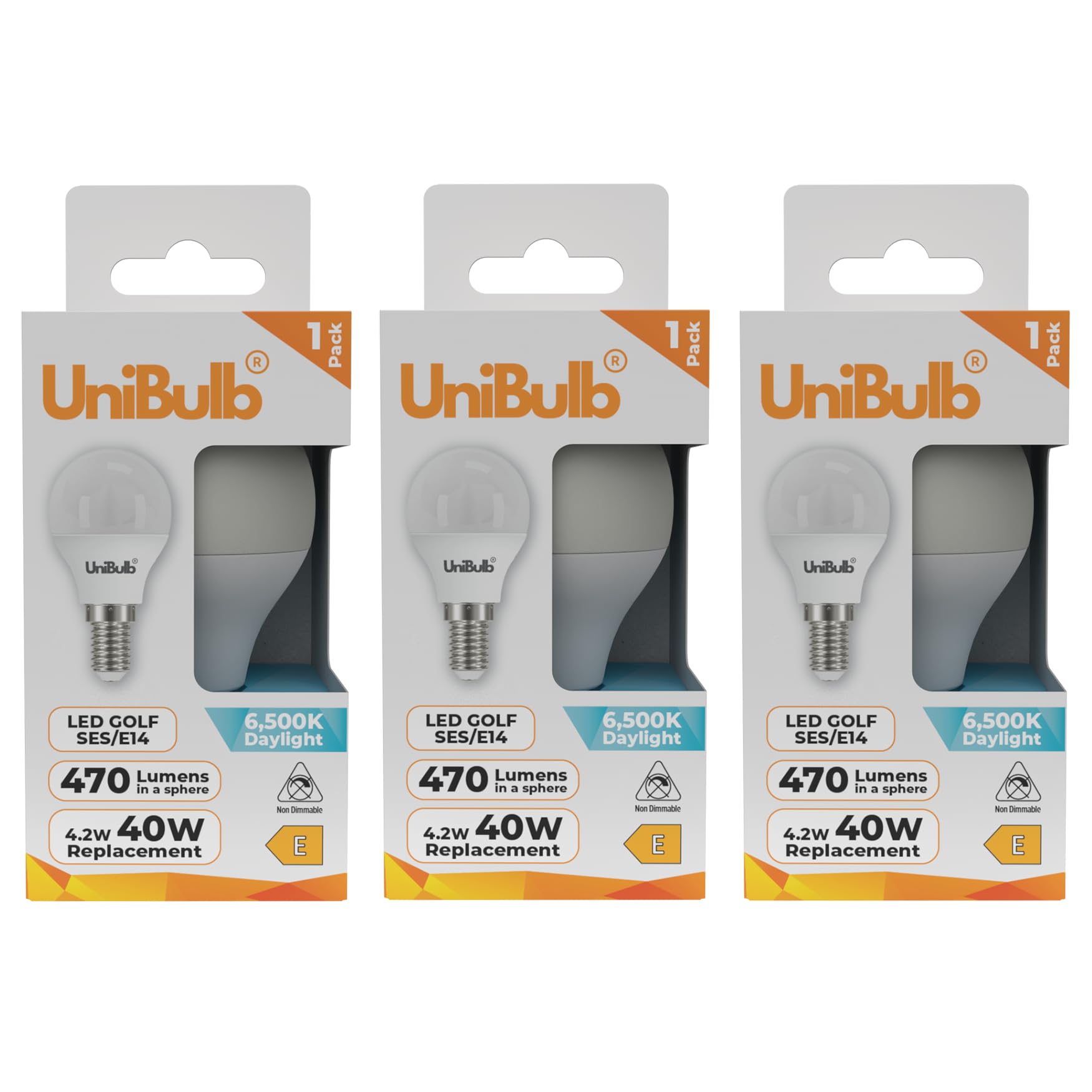 Unibulb E14 Energy Saving LED Light Bulb, Small Edison Screw (SES), 4.2W, 470lm, Replaces 40W, Daylight 6500K, Golf Ball Bulb, P45, 220-240V, Non-Dimmable, 25,000hr lifespan (3)