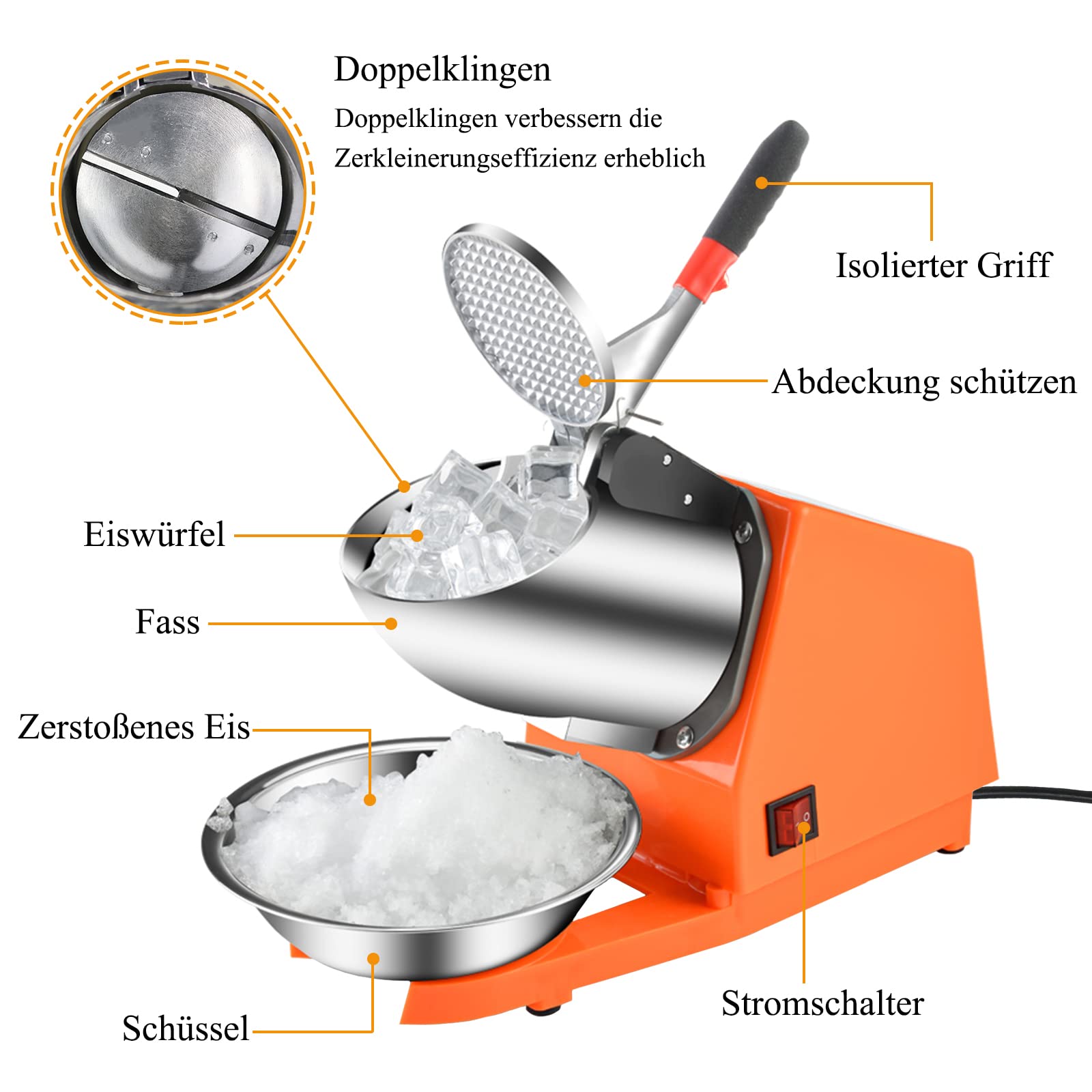 Picadora de hielo eléctrica, 300 W, 65 kg/h, doble cuchilla, picadora de hielo, batidora de hielo, máquina para restaurantes, bares, fiestas (naranja)