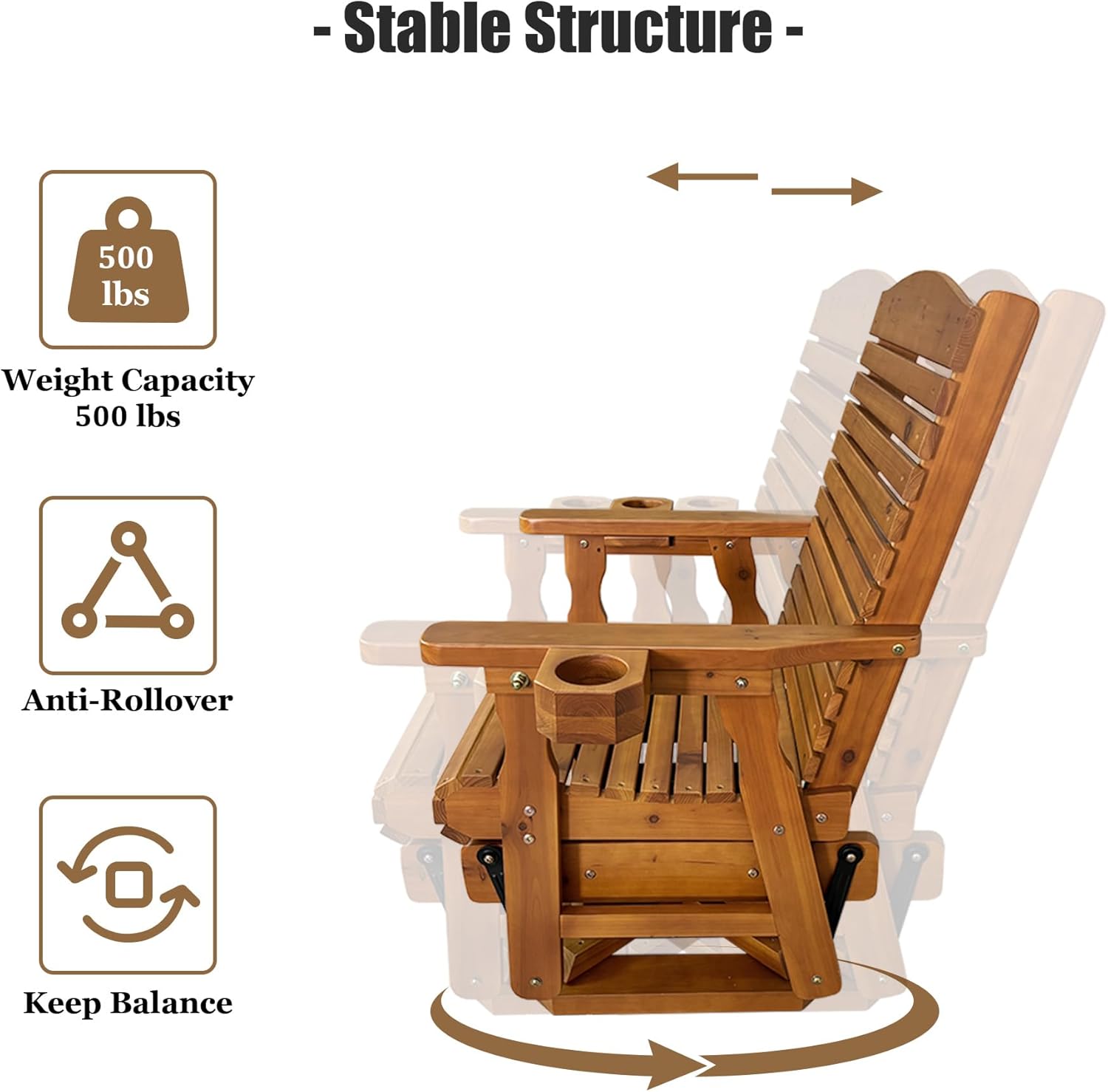 Wooden Swivel Glider Chair, 360° Outdoor Patio Rocker with Ergonomic Design, Smooth Gliding Motion, Solid Fir Wood, Weather-Resistant PU Finish, Heavy Duty 500 LBS (Teak Tone)