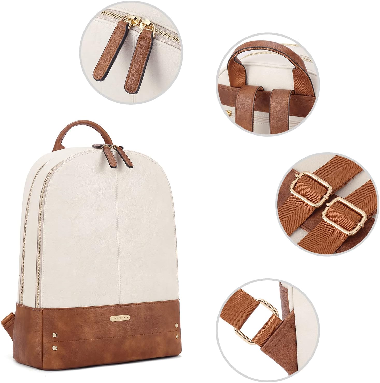 CLUCI Laptop Backpack for Women Leather 15.6 inch Computer Backpack Travel Vintage Large Bag Beige With Brown 2 - Image 4