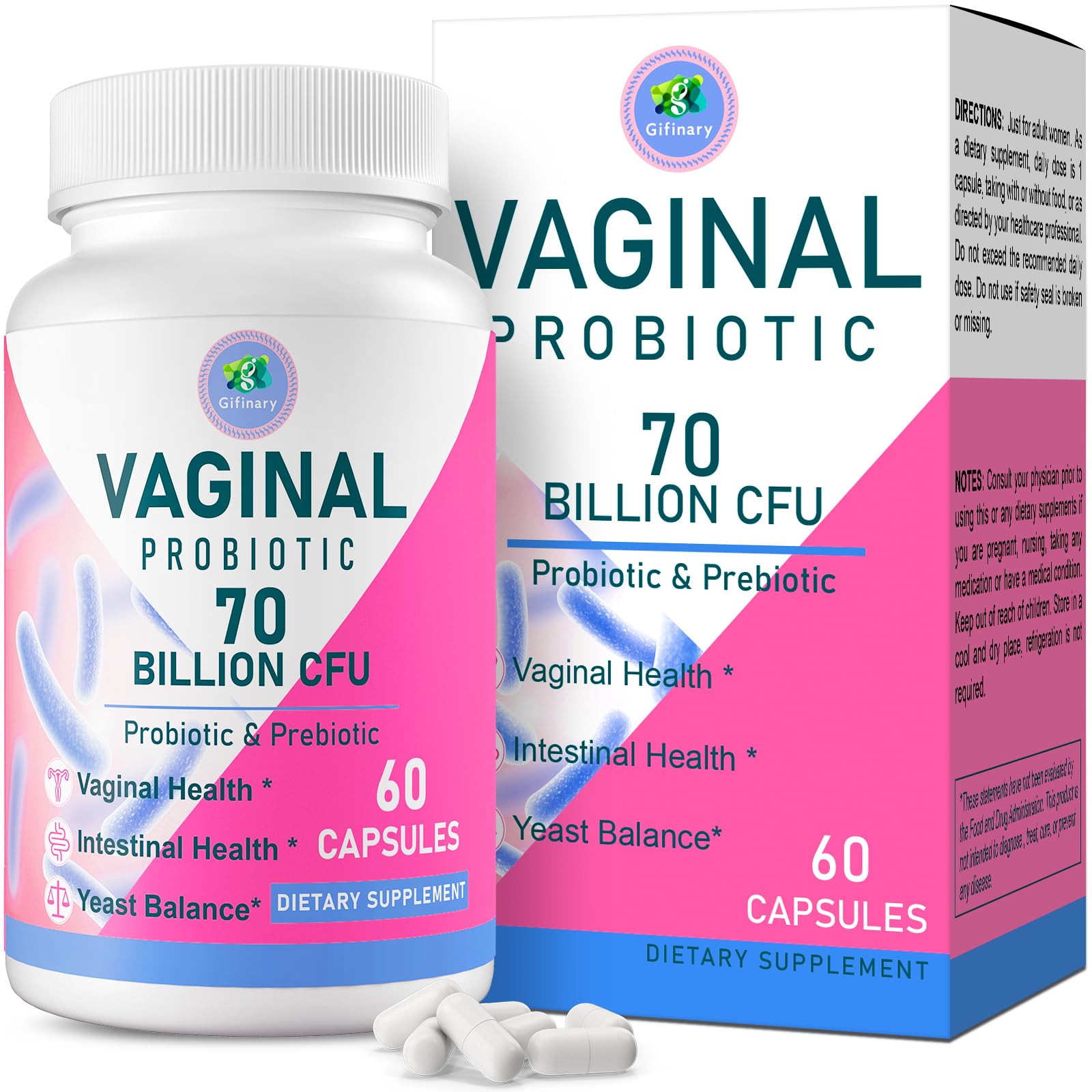 Vaginal Probiotic, 70 Billion CFU, for Odor, Flor & PH Balance, 60 Caps 60 Count (Pack of 1)