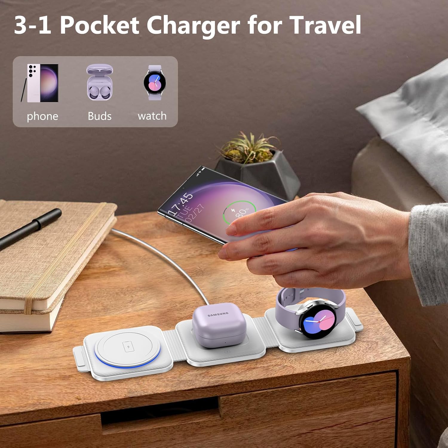 Travel Charger for Samsung Multi Devices, Foldable 3 in 1 Wireless Charging Station Fast Charging Stand/Pad Compatible for Samsung Galaxy S25/S24/S23/S22/S21/Note20 Galaxy Watch8/7/6/5/4/Galaxy Buds4 - Image 4