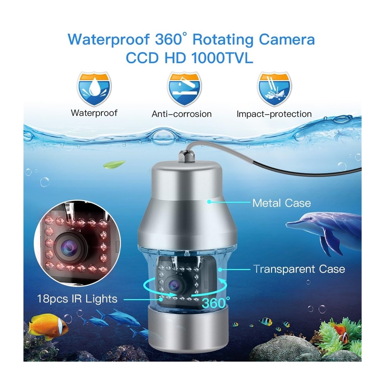 Caméra de pêche sous-Marine 9 Pouces Grand écran Couleur 1000TVL Fish Finder 360 ° Rotation Horizontale caméra étanche 30M câble Taille compacte