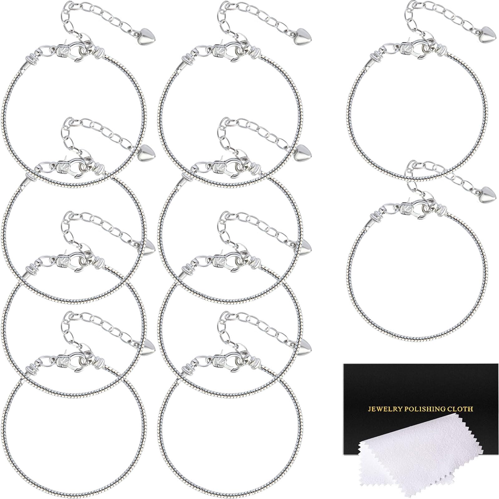 Photo 1 of 10 Pcs Snake Charm Bracelet Chain Adjustable Charm Bracelet Kit 3mm Dainty Snake Chain Bracelets Chain with Heart Lobster Clasp Extender Chain for Christmas DIY Women Jewelry Making Gifts Supplies