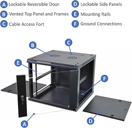 Miniatura 6 de AEONS Gabinete de servidor de red de montaje en pared profesional 9U Rack de red de servidores de 19 pulgadas 16 pulgadas negro profundo
