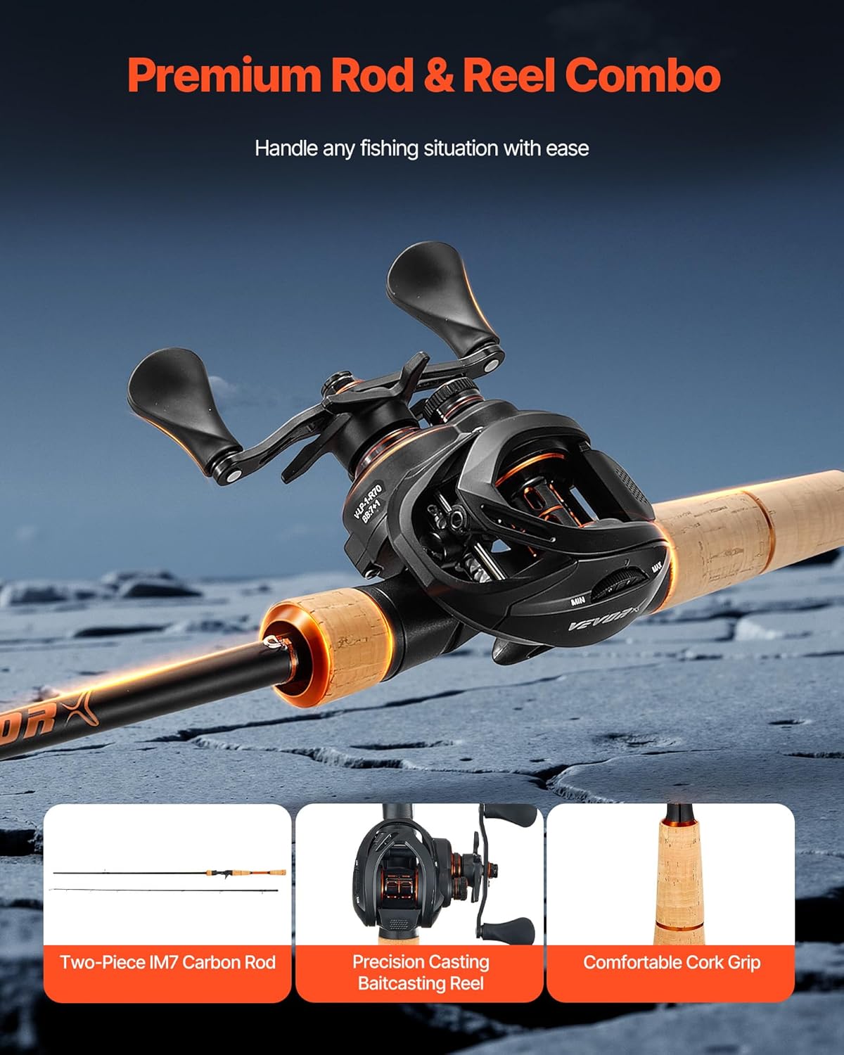 VEVOR Rod and Fishing Reel Combo, IM6/7 Carbon Fiber Spinning Rod and Reel Combo, Bass Fishing Pole with 6.5 ft Two-Piece Rods, 7+1 Ball Bearings, EVA Handle, Stainless Steel Guides with Ceramic Rings