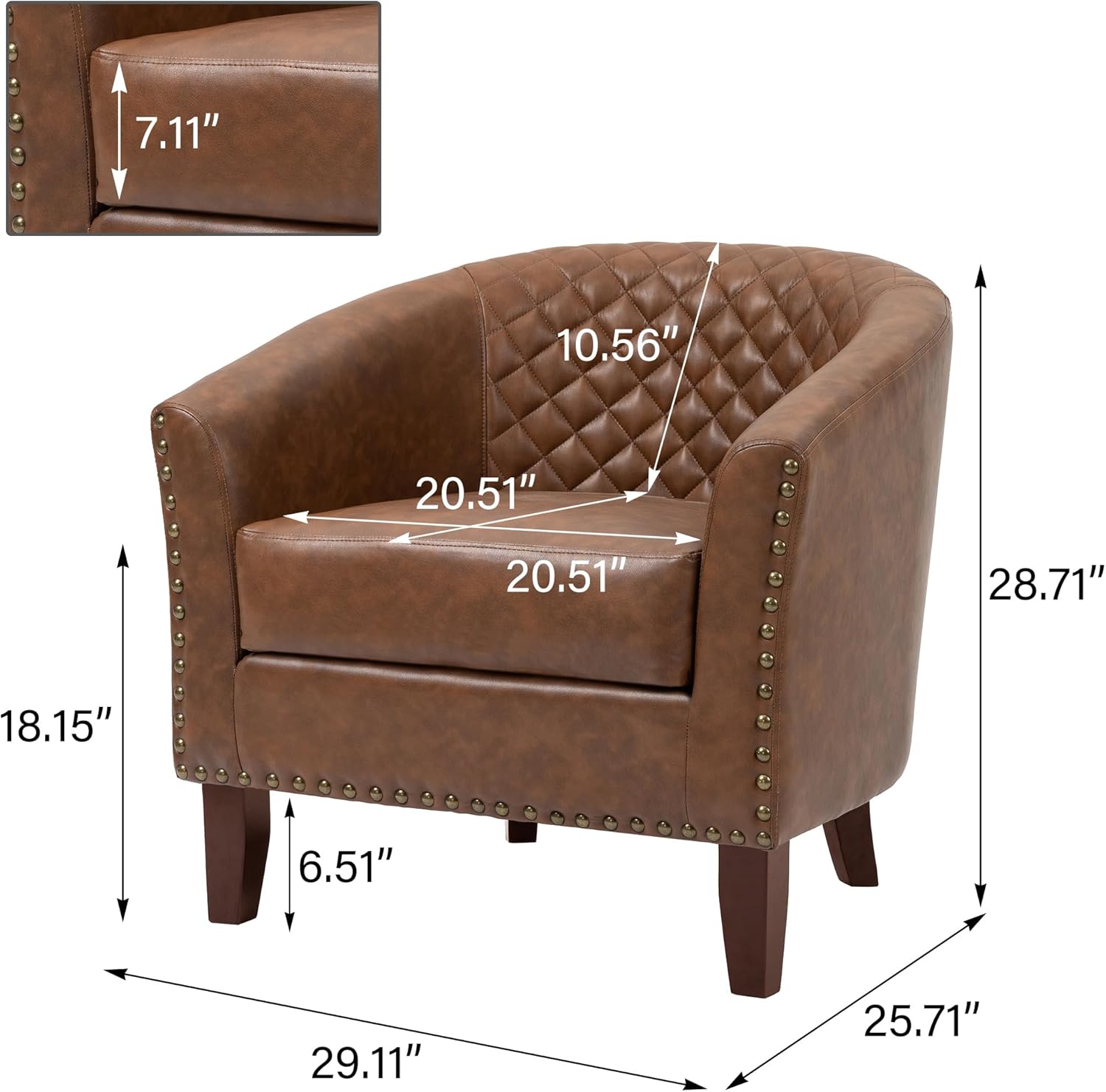 UIXE PU Leather Barrel Accent Chairs Set of 2, Modern Upholstered Armchair Round Club Chair for Living Room, Comfy Nailed Trim Arm Chair Bedroom Side Reading Seat - Brown