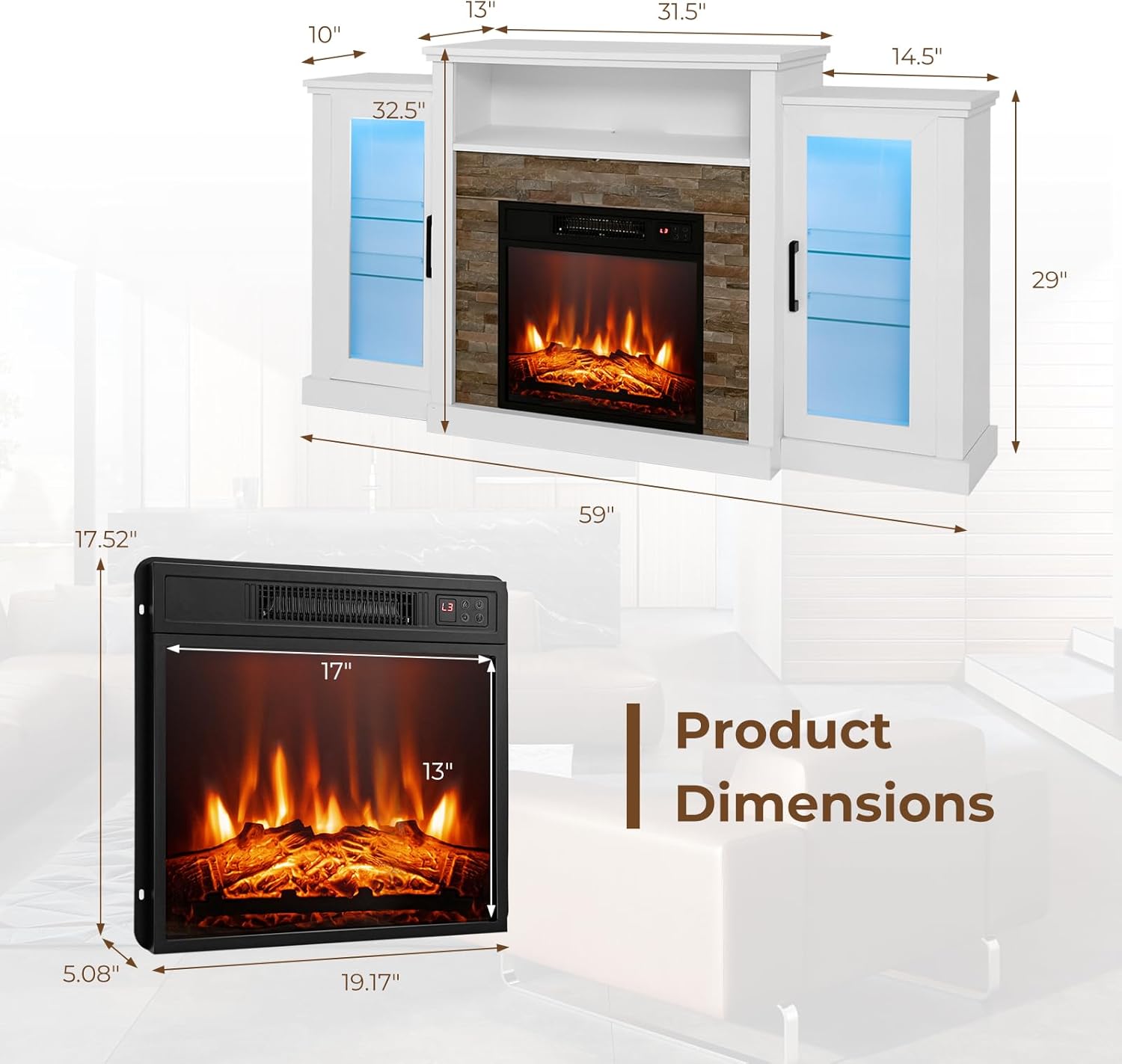 KOTEK Fireplace TV Stand, TV Console with Fireplace Insert, LED Lights & Adjustable Glass Shelves, Remote & App Control, Electric Fireplace Entertainment Center for Living Room Bedroom (White)