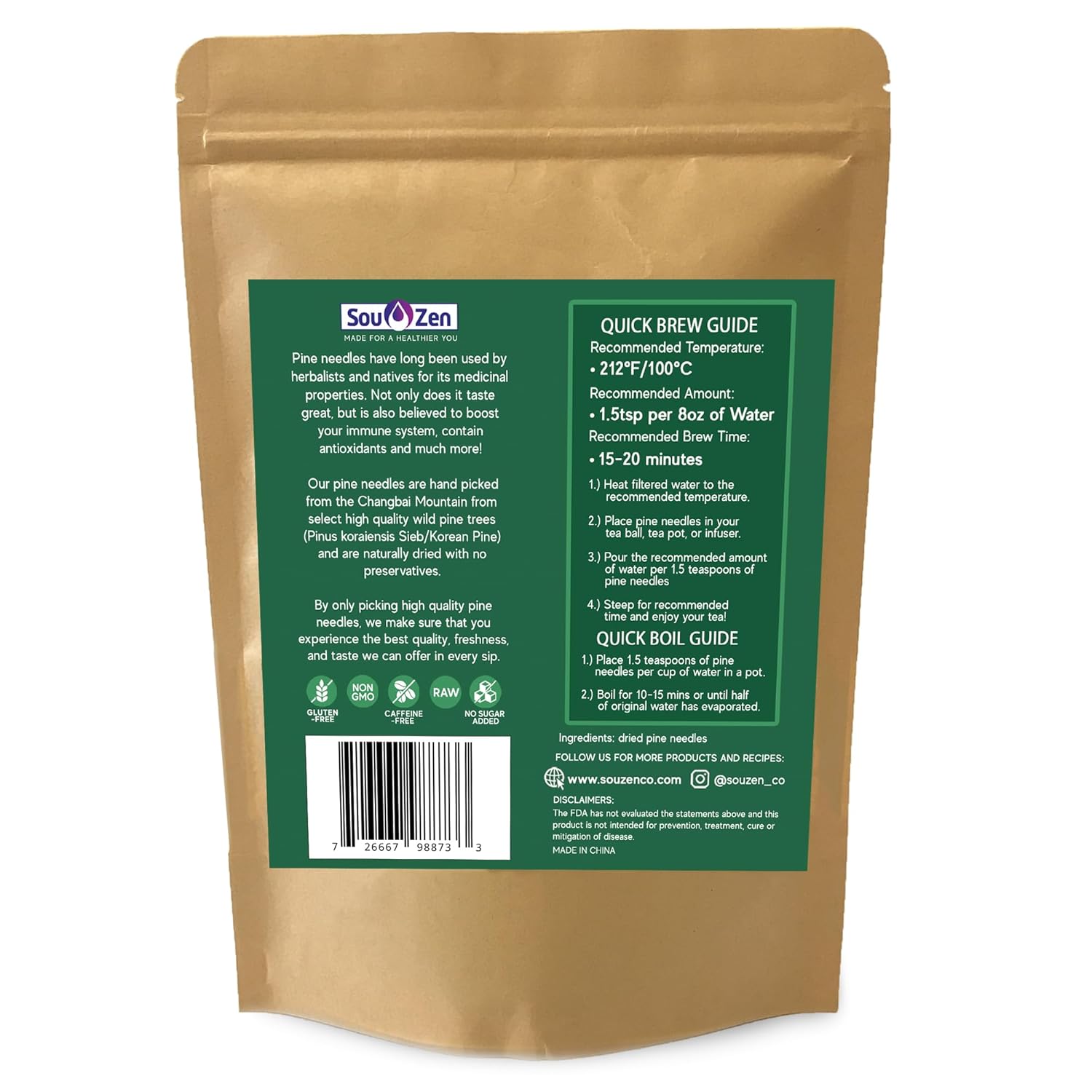 Sou Zen Pine Needle Tea Loose Leaf 4oz (113g) | Premium Quality Wild Pine Tea Leaves | Raw, Non-GMO and Caffeine-Free Herbal Tea with No Preservatives | Chinese Medicinal Herb (Pack of 2)