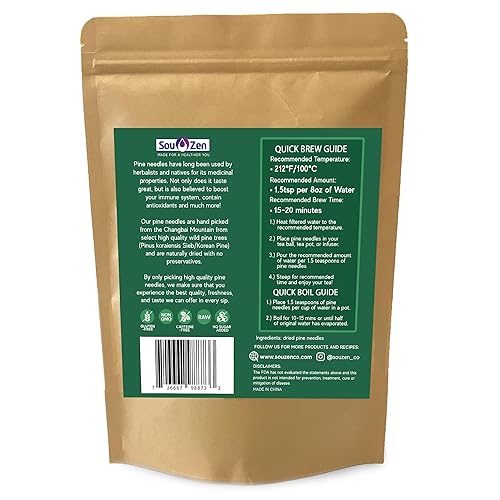 Miniatura 2 de Sou Zen Pine Needle Tea Hoja suelta 4 onzas (3.99 oz)  Calidad premium salvaje de hojas de té de pino coreano  Crudo, sin OMG y sin cafeína, té de